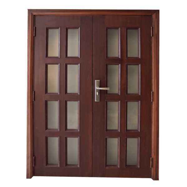 Wooden-finish WPC French door FD-002 with glass panels by Green Doors Pakistan