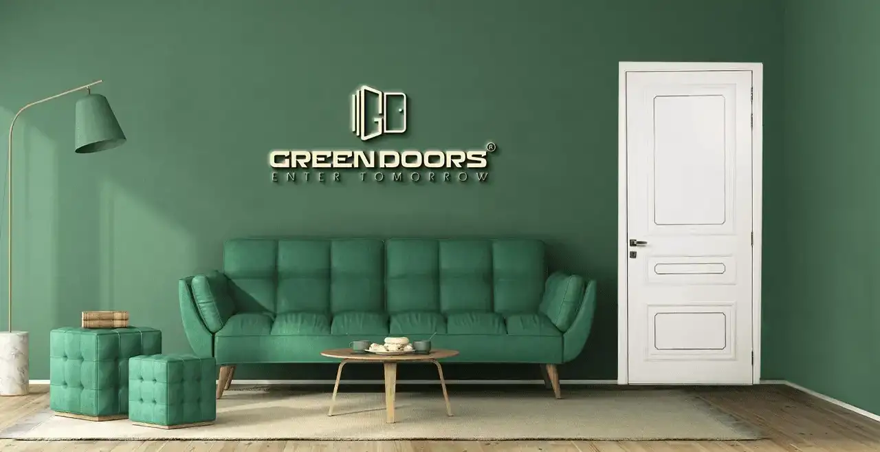 Green Doors WPC door on a green interior wall in Pakistan