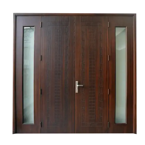 ED-003 WPC main door design with frosted glass panels by Green Doors Pakistan