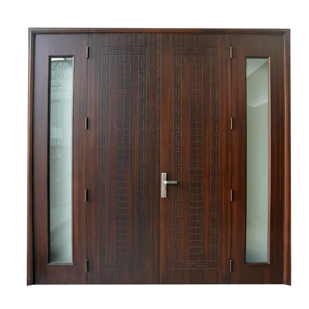 ED-003 WPC main door design with frosted glass panels by Green Doors Pakistan