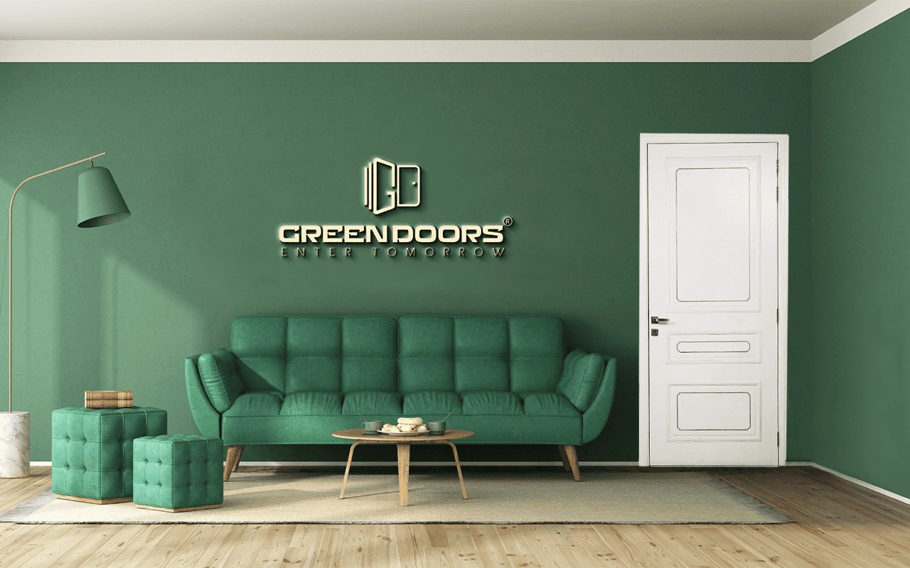 Green Doors WPC door on a green interior wall in Pakistan